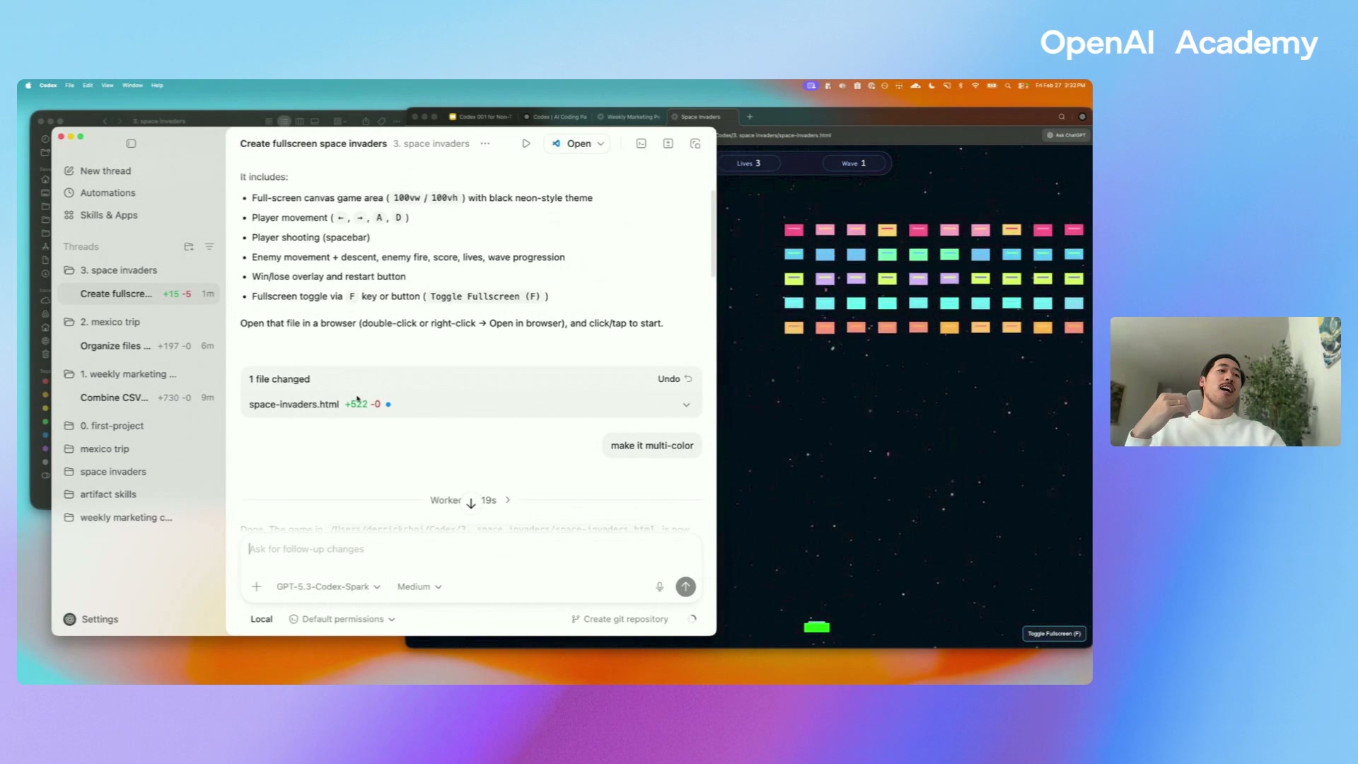 Multi-color Space Invaders generated by Codex Spark